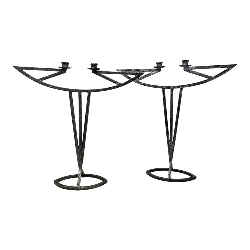 Pair MCM Brutalist Wrought Iron Candlesticks Hand Forged Double Sm Taper 14x14